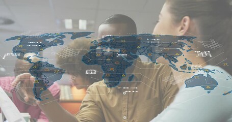 Office team pointing at screen, world map fading in and analytics chart depicting global flow - Powered by Adobe