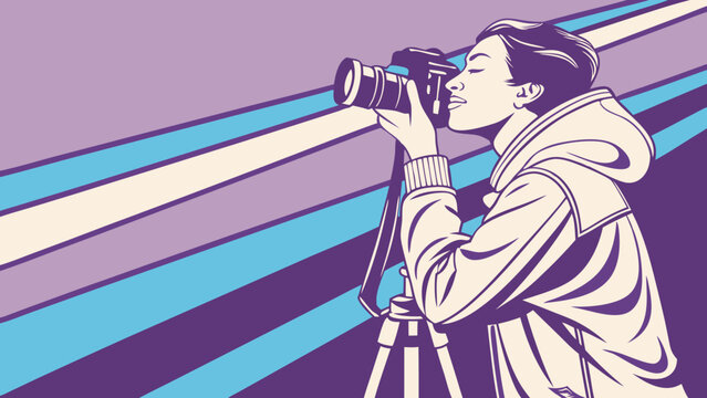 Photographer with Camera on Tripod Retro Style Illustration Photography Concept.