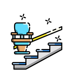 Pixel Art Stair Lift Chair Moving Up Stairs Blue Seat and Yellow Armrest on Gray Steps Clean Transparent Background