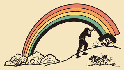 Retro Style Illustration of Person Photographing a Rainbow in a Landscape.