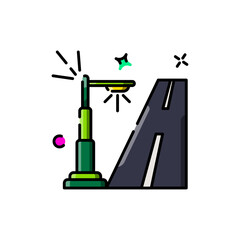 Pixel Art Street Lamp Illuminating a Roadway with Sparkle Accents and Simple Geometric Shapes on a Transparent Background