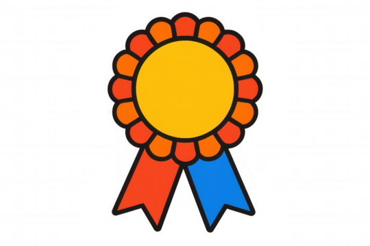 Award ribbon displaying a yellow center, an orange scalloped border, and two hanging ribbons in red and blue