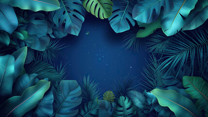 Space-Themed Background Featuring Blue Tropical Leaves and Foliage