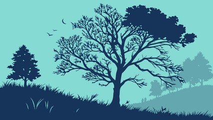 Serene Landscape Silhouette with Trees and Grass at Dusk or Dawn.