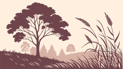 Naklejka premium Serene Landscape Silhouette with Trees and Grass Nature Illustration for Design Projects.