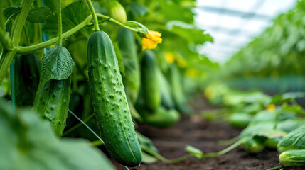 Green cucumbers growing in a spacious plant nursery