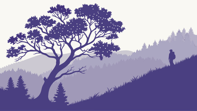 Serene landscape illustration hiker silhouette purple forest nature scene tree mountains tranquil scenery vector graphic outdoor adventure peaceful backdrop scenic view wilderness illu.