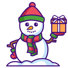 Pixel Art Snowman Wearing A Red Hat And Green Scarf Holding A Gift Box With A Red Bow In Front Of White Background And Snow Base