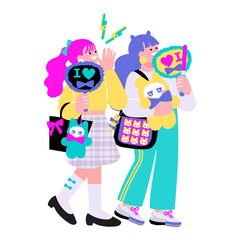 推し活をする女子の全身の構図　ポップカラーのイラスト