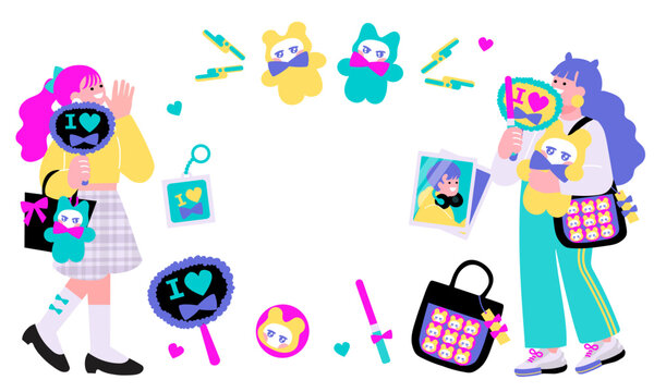 推しかつをする女性と推しグッズのフレームのポップなイラスト