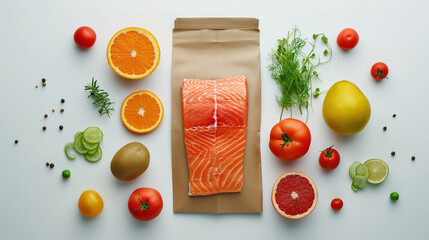 Complete Grocery Shopping Concept Featuring Meat, Fish, and Fresh Produce