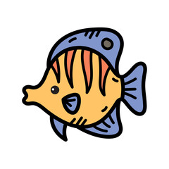 Whimsical Doodle Illustration of a Yellow and Blue Tropical Fish with Orange Stripes Isolated on a Transparent Background Simple Cartoon Style