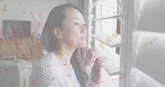 Woman gripping shutter slat and raising wooden slats, revealing daylight for home design preview