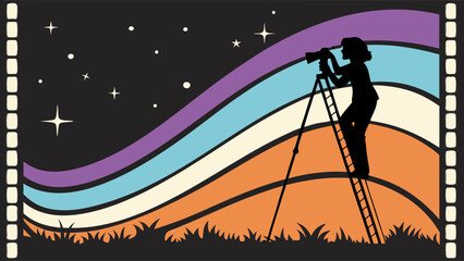 Fototapeta premium Silhouette of a person on a ladder using a camera at night with a filmstrip border and colorful sky background.