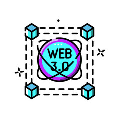 Web 3.0 Technology Concept Abstract Digital Art With Blue Cubes Connected By Dotted Lines And A Central Sphere Featuring Web 3.0 Text In Cyan And Purple Gradient