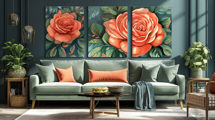 Triptych oil painting featuring roses and leaves with a botanical print background for interiors