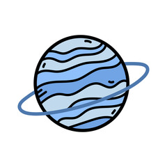Whimsical blue planet with light grey stripes and a circular blue ring against a white background symbolizing space exploration and astronomical discovery
