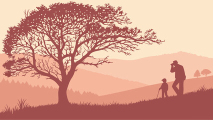 Silhouette of an adult and child walking in a scenic landscape with a large tree and rolling hills at sunset or sunrise.