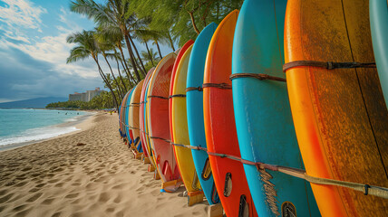 Waikiki Beach Surfboards on Rack with Iconic Honolulu Backdrop