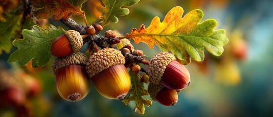 Rustic elegance: an oak's tale of radiant leaves. Glam lookbook. Majestic play of warm sunlight over golden oak leaves and acorns. Premium design. Chic appearance.