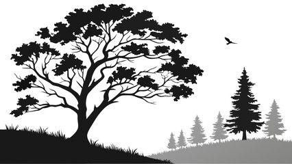 Fototapeta premium Silhouette of Trees Birds and Grass on White Background Nature Illustration Graphic Design Element.