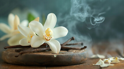 Vanilla orchid and sticks with aromatic smoke against a weathered wooden background