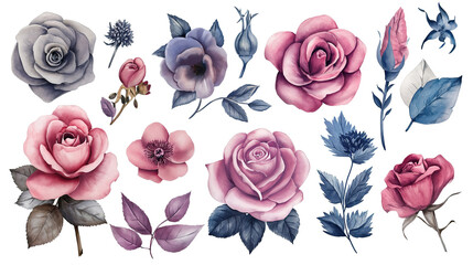 Vintage watercolor floral bundle with roses, bellflowers, and leaves in pastel shades