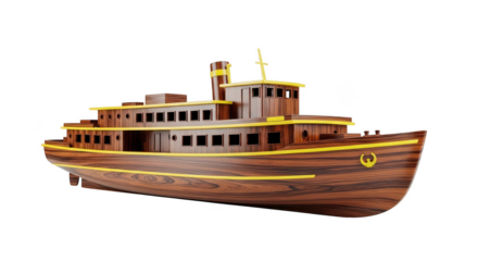 Wooden boat model with yellow accents on black isolated illuustration on transparent background 