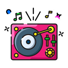 Pixel Art Turntable Playing Music With Colorful Notes And Stars On Transparent Background