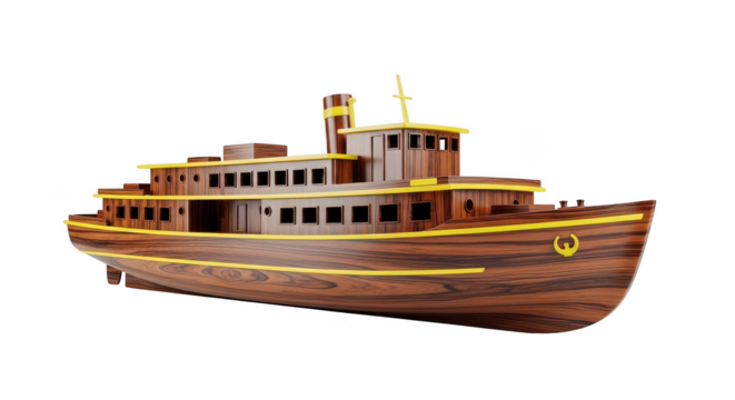 Wooden boat model with yellow accents on black isolated illuustration on transparent background 