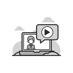 Pixel Art Style Online Video Presentation Featuring A Businessman On A Laptop Screen With Play Button Icon In A Speech Bubble Against A Soft Gray Background With Clouds