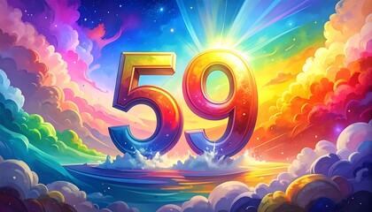 Obraz premium Vibrant digital art of the number 59, surrounded by colorful clouds and a sunrise over water