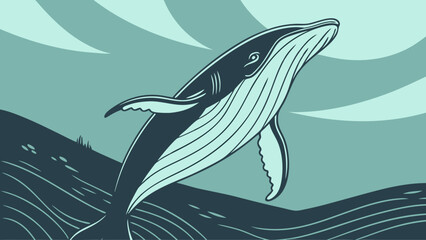 Naklejka premium Stylized Humpback Whale Breaching Ocean Waves Aquatic Wildlife Illustration.