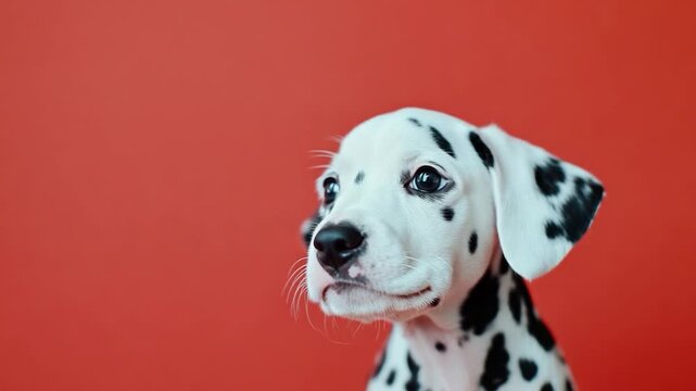 A dalmatian puppy sitting on a red wall, looking cute and playful