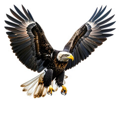 Fototapeta premium Majestic bald eagle with outstretched wings, soaring against a black background, in vibrant detail
