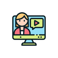 Woman Presenting Online Video Content on Computer Screen with Play Button Icon and Speech Bubble Symbol Flat Icon Illustration Isolated on Transparent Background
