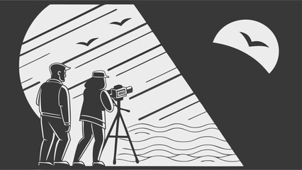 Two Photographers Capturing Coastal Scene at Sunset with Birds in Flight.