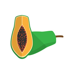 Whole and Halved Papaya Fruit Illustration with Visible Seeds and Green Skin on Transparent Background