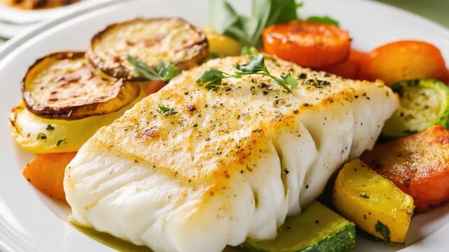 A simple meal on a plate with grilled fish and steamed vegetables, perfect for a quick lunch or dinner