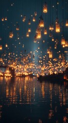Obraz premium A Sky Ablaze with Golden Lanterns Floating Over a Reflective River at Night.