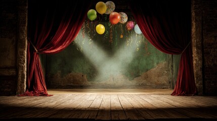 audience. Empty historic theater stage with grand curtain partially open. event programs, museum guides, designed for cultural heritage projects and event programs, preserves heritage.
