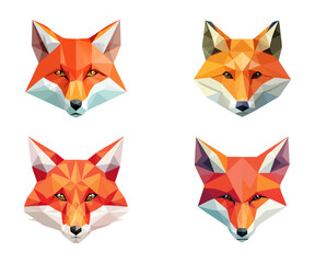 Obraz premium Four polygonal fox heads in orange, yellow, and white on a white background.