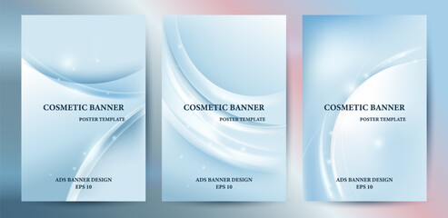 Abstract Blue Wavy With Glowing light On White Background Template Set For Cosmetic Banner Or Ads Poster
