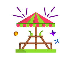 Fototapeta premium Pixelated Picnic Table With Umbrella And Drinks Surrounded By Sparkles And Confetti On Transparent Background