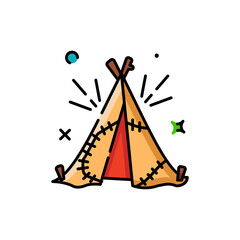 Pixelated illustration of a teepee tent with a red interior and whimsical decorative elements including sparkles and lines in warm earthy tones on a transparent background