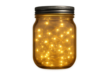 Glass jar filled with glowing fairy lights on transparent background