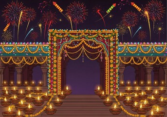 Fototapeta premium Illuminated traditional archway with clay oil lamps and festive fireworks against a dark night sky