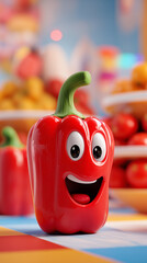 Cheerful 3D Cartoon Red Pepper with Big Eyes and a Wide Smile on a Colorful Table Surrounded by Fresh Vegetables. Playful, Vibrant, and Whimsical Scene with Copy Space and 9:16 Aspect Ratio