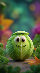 Smiling 3D Cartoon Green Cabbage with Big Eyes and a Cute Curved Smile, Surrounded by Lush Green Vegetables and Colorful Leaves. Playful, Whimsical Scene with Copy Space and 9:16 Aspect Ratio