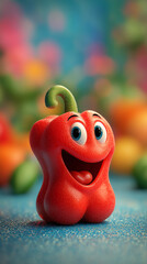 Cheerful 3D Cartoon Red Pepper with Big Eyes and a Wide Smile Standing on a Blue Surface Against a Blurred, Colourful Background. Playful and Vibrant Scene with Copy Space and 9:16 Aspect Ratio